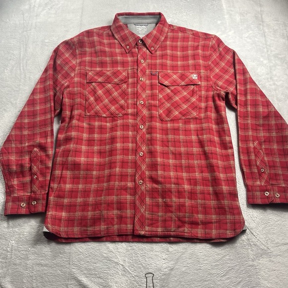 Huk Shirt Mens L Flannel Red Plaid Fishing Outdoor Hiking Utility Roll Tab EUC - Picture 3 of 7